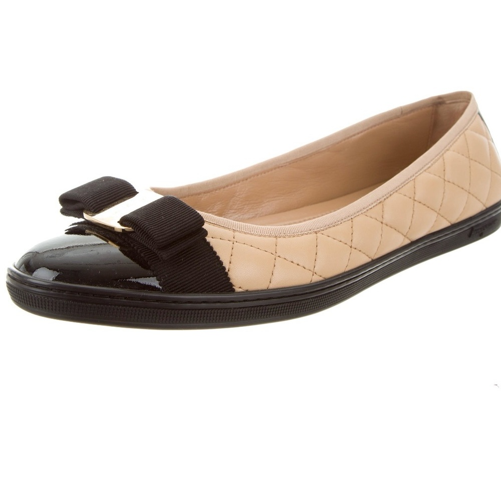 Salvatore Ferragamo Beige and Black Quilted Bow Ballet Flat